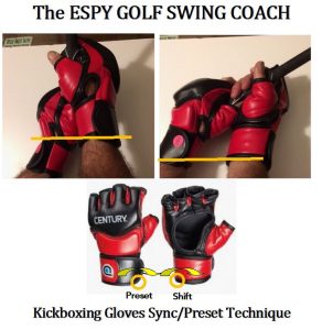 If you positioned the kickboxing gloves as if they were on the handle of the golf club, shown in the figure below, a synchronized line could be drawn between the top of the left wristband to the bottom of the right wristband, for a right-handed golfer. Remember that the gloves are upside down